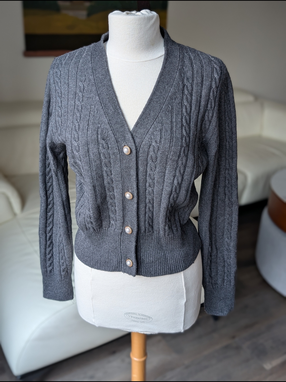Sandro Paris Gray Jinale Cable-Knit Wool Blend Cardigan - Size 3 (US Large)